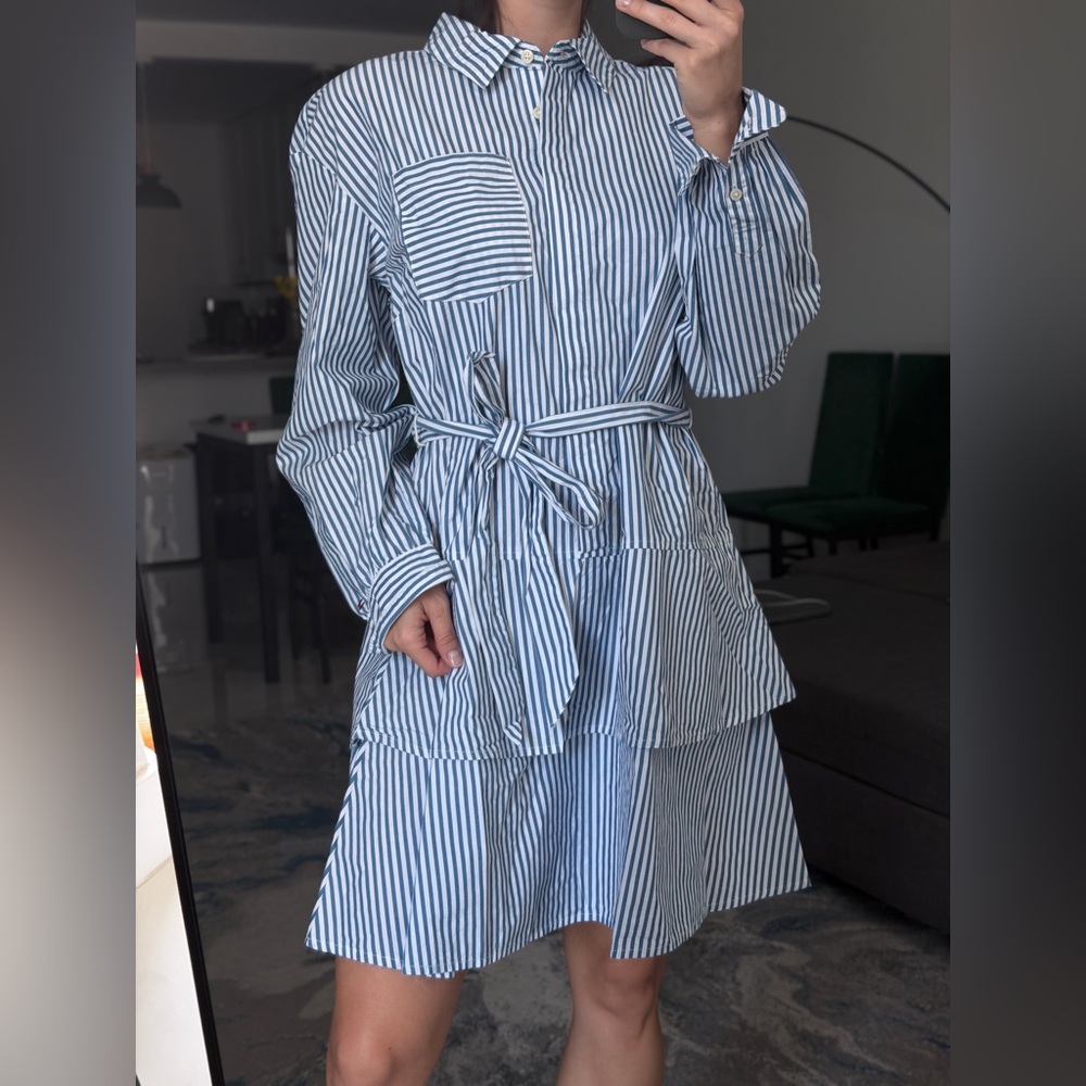 Tommy Hilfiger Blue & White Striped Tie-Waist Shirt Dress